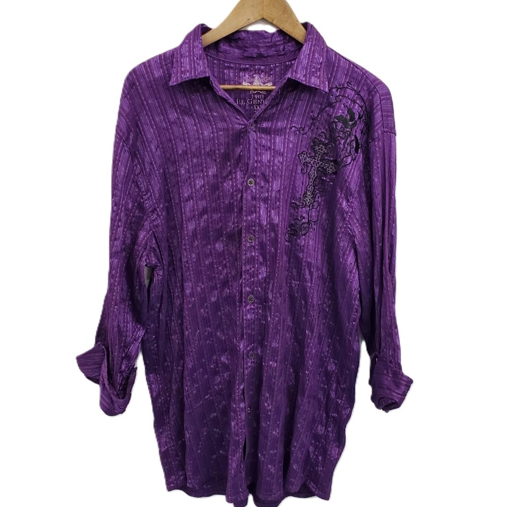 El General 1901 Purple Western Cross‎ Embroidered Button-Up Shirt Men's XXL